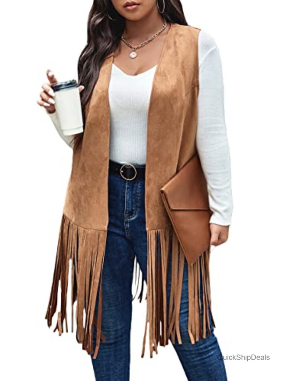 Fringe Faux Suede Open Front Cardigan Vest Coat Sleeveless